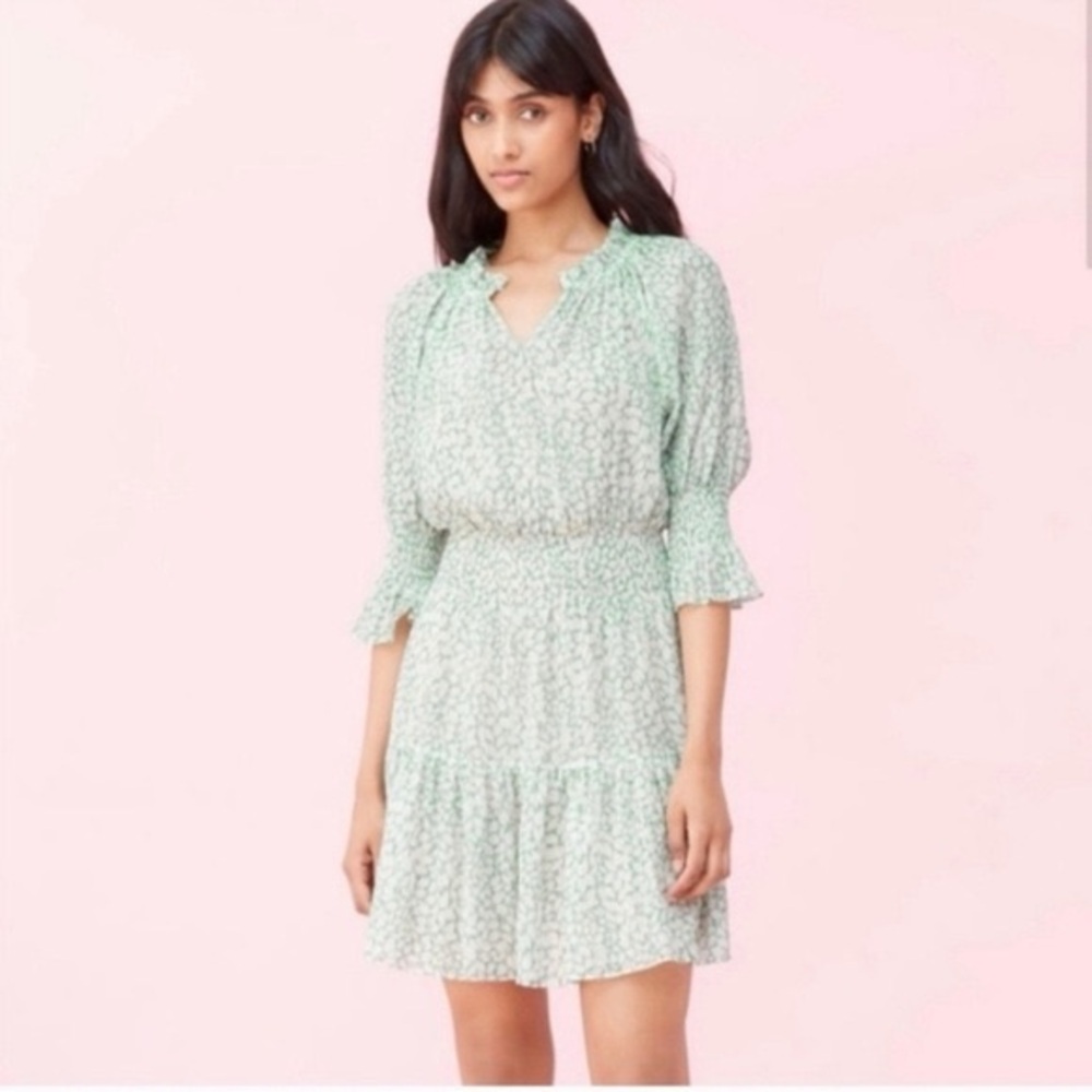 PRICE DROP! NWT Rebecca Taylor Silk Green Leaf Print Metallic Smocked Mini Dress